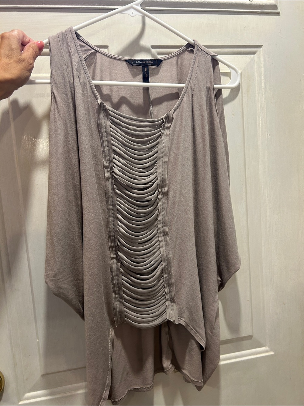 BCBGMaxAzria Taupe Open-Ladder Front Draped Blouse